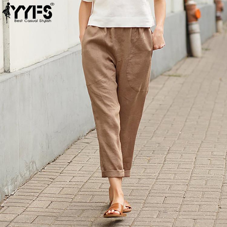 YYFS Женские модные повседневные однотонные принты больших размеров, свободные повседневные брюки со средней талией, брюки и капри
