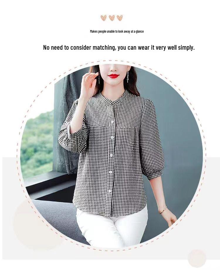 Женская модная красная клетчатая блузка со стойкой - Семь рукавов, свободный крой для лета 2025