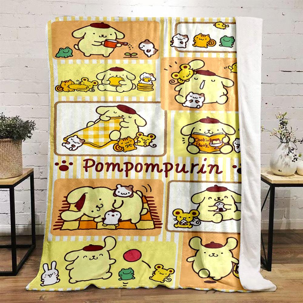 The image features playful scenes of Pompompurin with friends and activities. for all seasons blanket lunch break throw gift