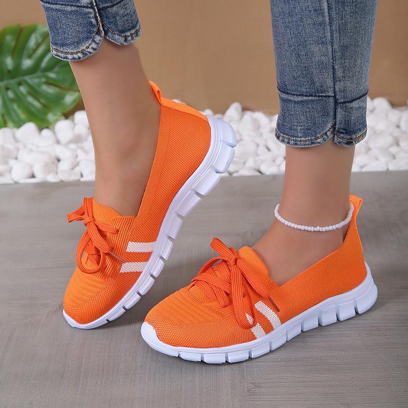 Mesh Knitted Striped Flats Shoes for Women Summer Lace Up Casual Sneakers Woman Soft Sole Breathable Loafers Plus Size 43