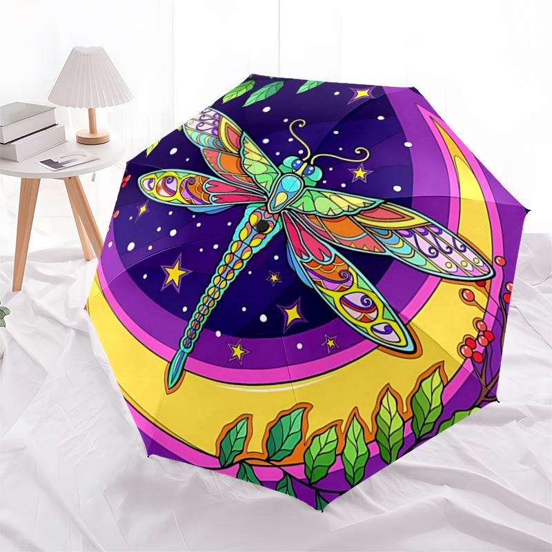 Colorful Dragonfly Moon Phase Automatic Opening Umbrella - Portable Folding Design with 8-Bone Iron Frame, Perfect for Outdoor Use, Festive