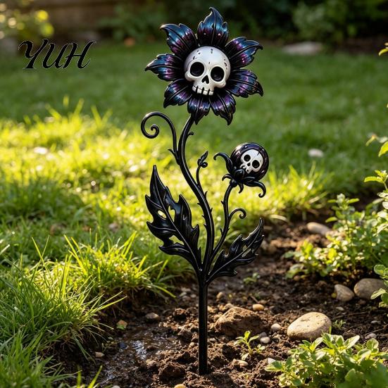 Scary Garden Ornaments Halloween Stake, Waterproof Spooky Skull Flower Lawn Art, 2D Creepy Decorative Path Stakes Metal Plant Stake for Porch, Patio,