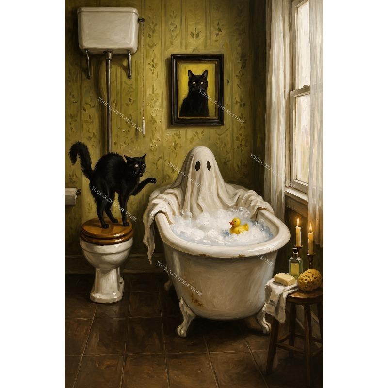 Funny Ghost Black Cat Canvas Gallery Wall Print Sunglasses Pumpkin Bat Vintage Wall Art Farmhouse Halloween Fall Home Decor Gift
