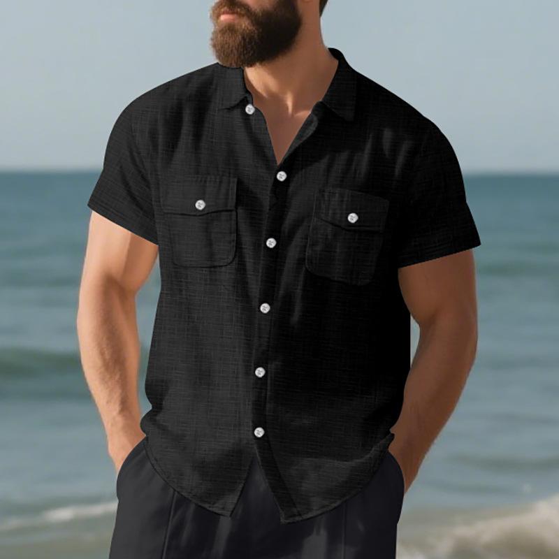 Men's Summer Short Sleeve Shirt, European American Solid Color Loose Casual Turn-Down Collar Shirt With Dual Chest Pockets for Vacation