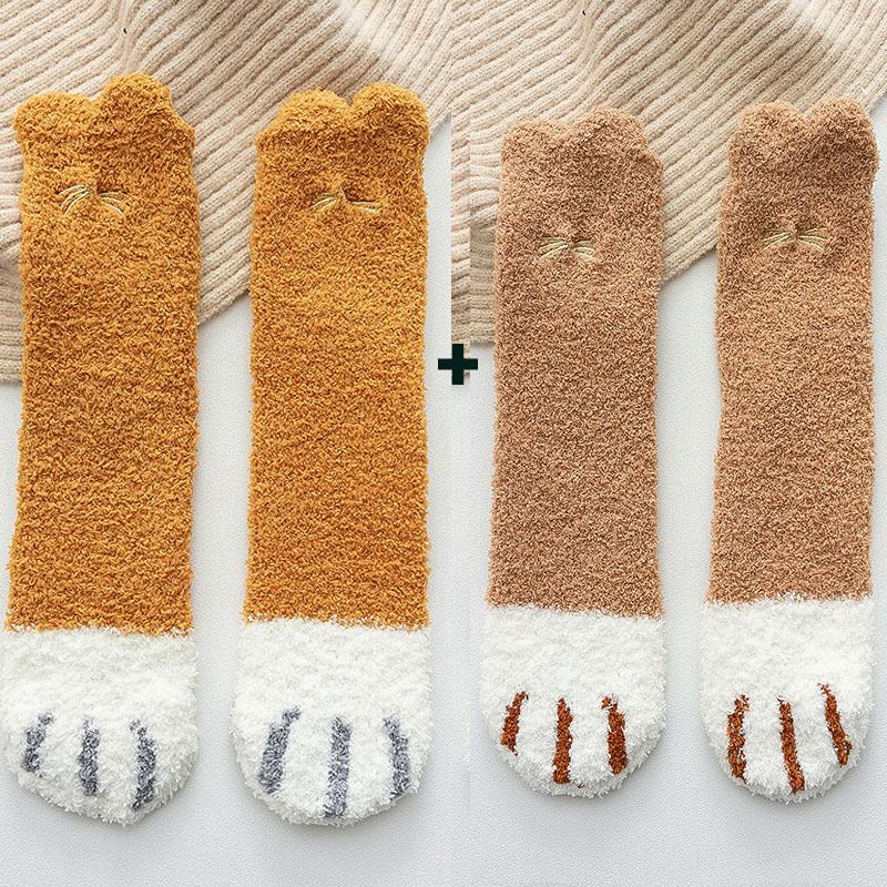 2 пары/лот флисовые тапочки коралловые осенне-зимние носки милые женские носки с принтом кошачьих лапок и животных