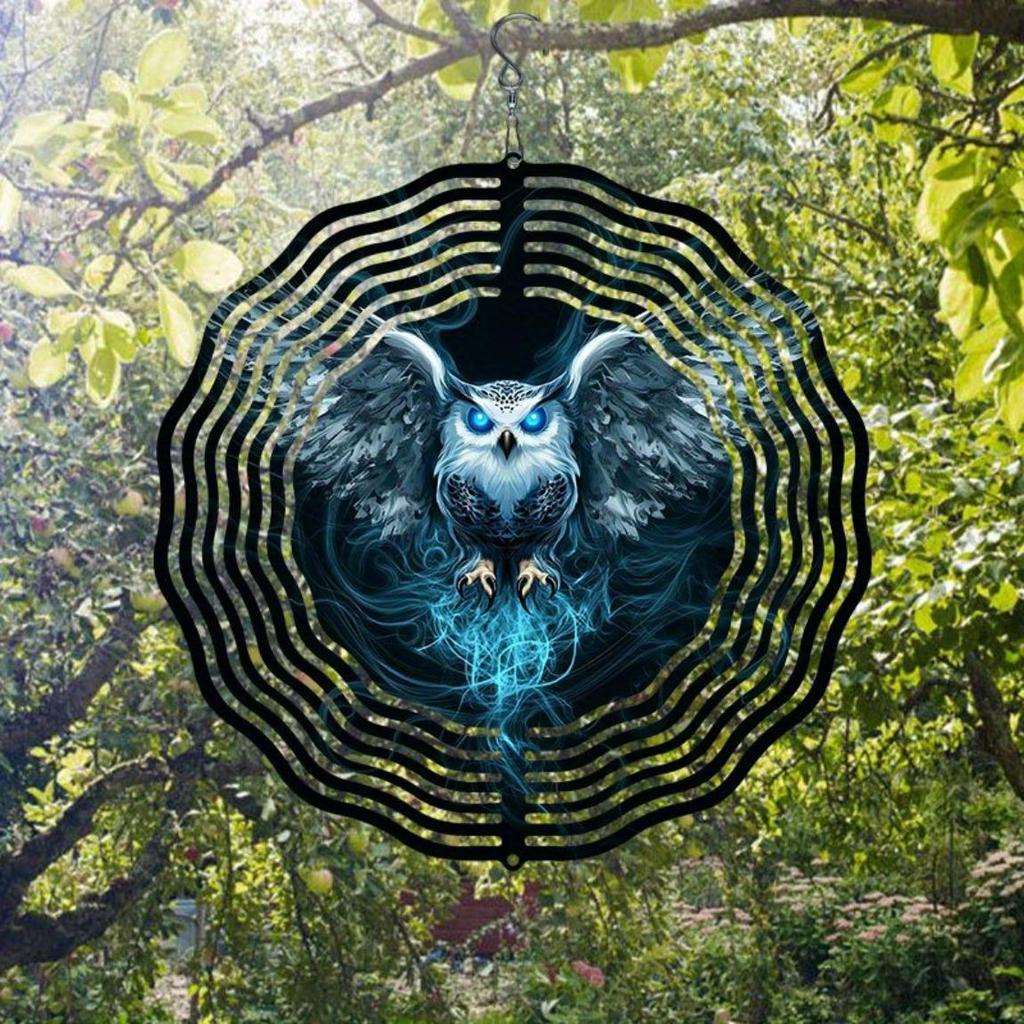 3D Hanging Garden Wind Chime Metal Wind Spinner with Ice Blue Phantom Owl Pattern for Outdoor Yard Decoration No Power Required