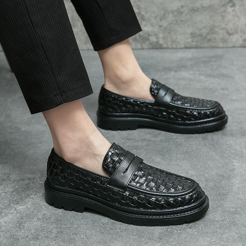 Luxury Brand Black and Brown Woven Tape Loafers Men Slip-On Classic Style Casual Leather Shoes Thick Sole High Quality Moccasin