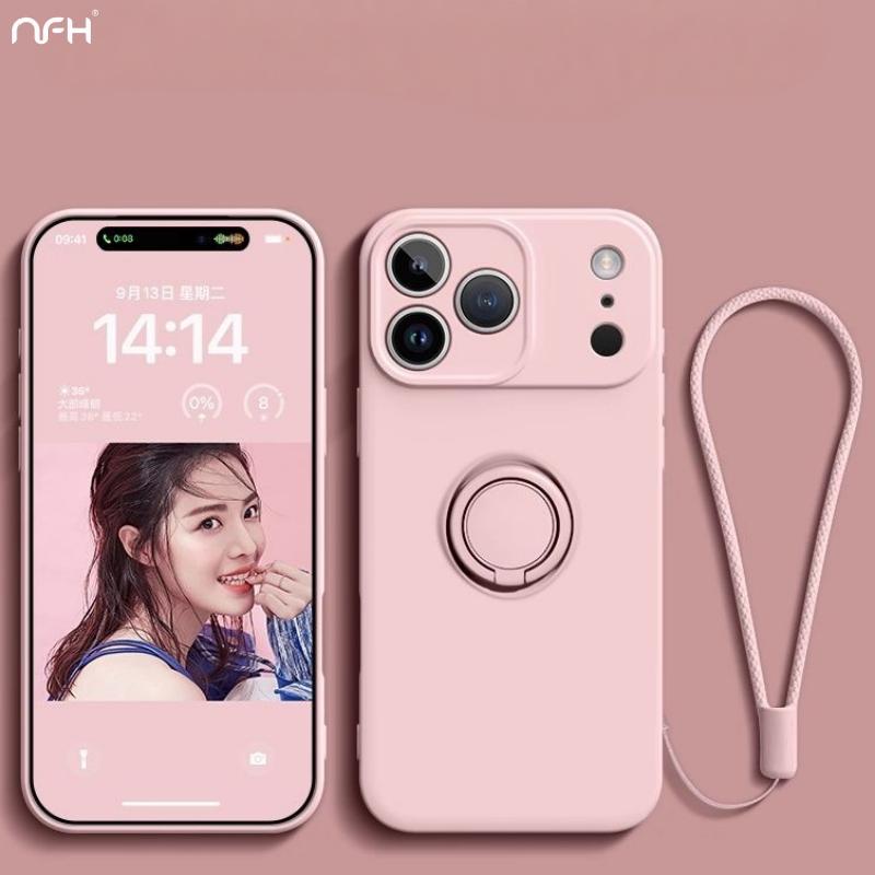 For For Iphone 17 Pro Max Ring Holder Magnetic Liquid Silicone Frame Phone Cover For For Iphone Air 16 15 14 13 12 11 Strap Case
