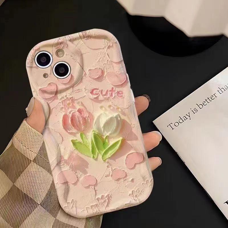 Розовый тюльпан для чехла для мобильного телефона IPhone 17 16 Promax Женский для IPhone 14 Plus Мультяшный 13 Кремовый узор 15
