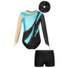 Kids Girls Gymnastic Leotard Long Sleeve Mesh Keyhole Back Design with V-Front Shorts Set