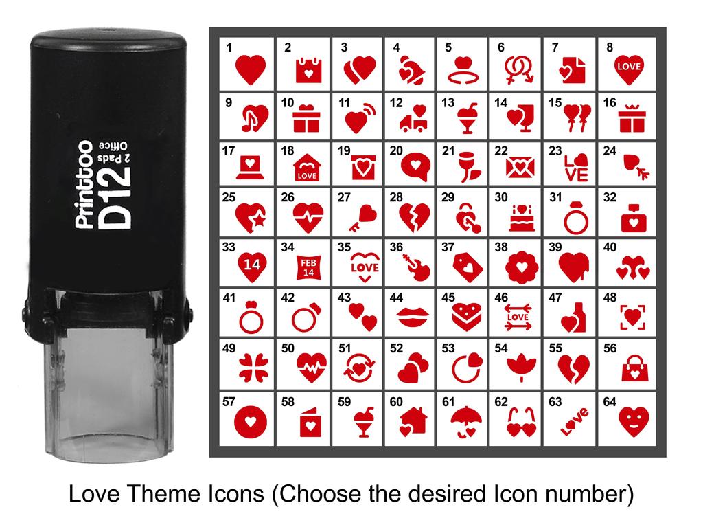 Printtoo Love Theme Icons Круглый резиновый штамп Самоклеящийся штамп 12 мм