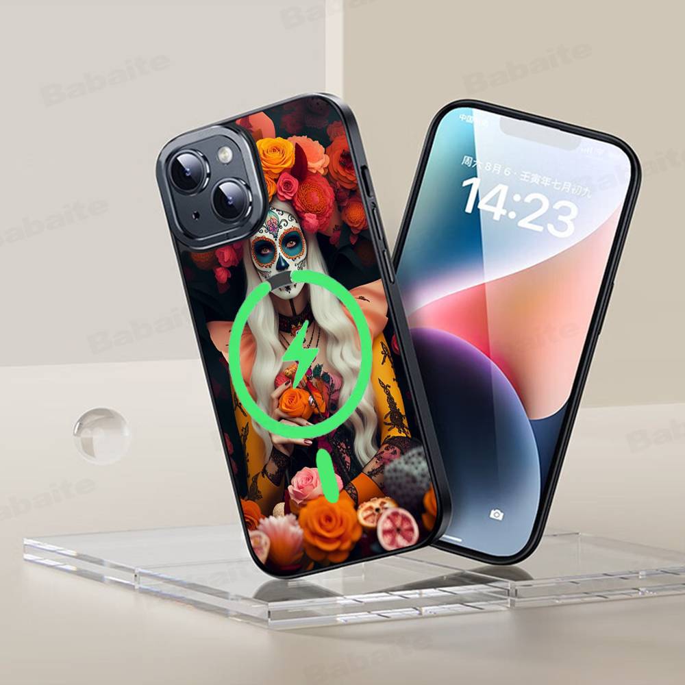 Чехол для телефона Catrina Красивая Девушка Роза Череп Магнитный Чехол Для iPhone 17 16 15 14 13 12 11 Для Magsafe Беспроводная Зарядка Чехол