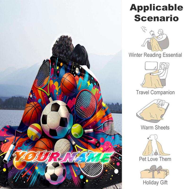 1PC Custom Name Sports Ball Celebration flannel blanket versatile,all-season throw suitable for the living room,bedroom,camping,travel,and gift