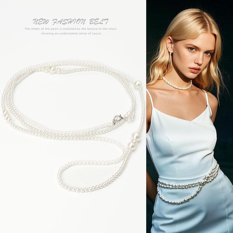 Многослойная жемчужная женская поясная цепочка, французский винтажный длинный жемчужный ремень, декоративный пояс для платья