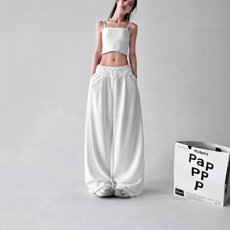 Womens Wide Leg Pants Solid Color Loose Lace Drawstring Casual Korean Style Trousers