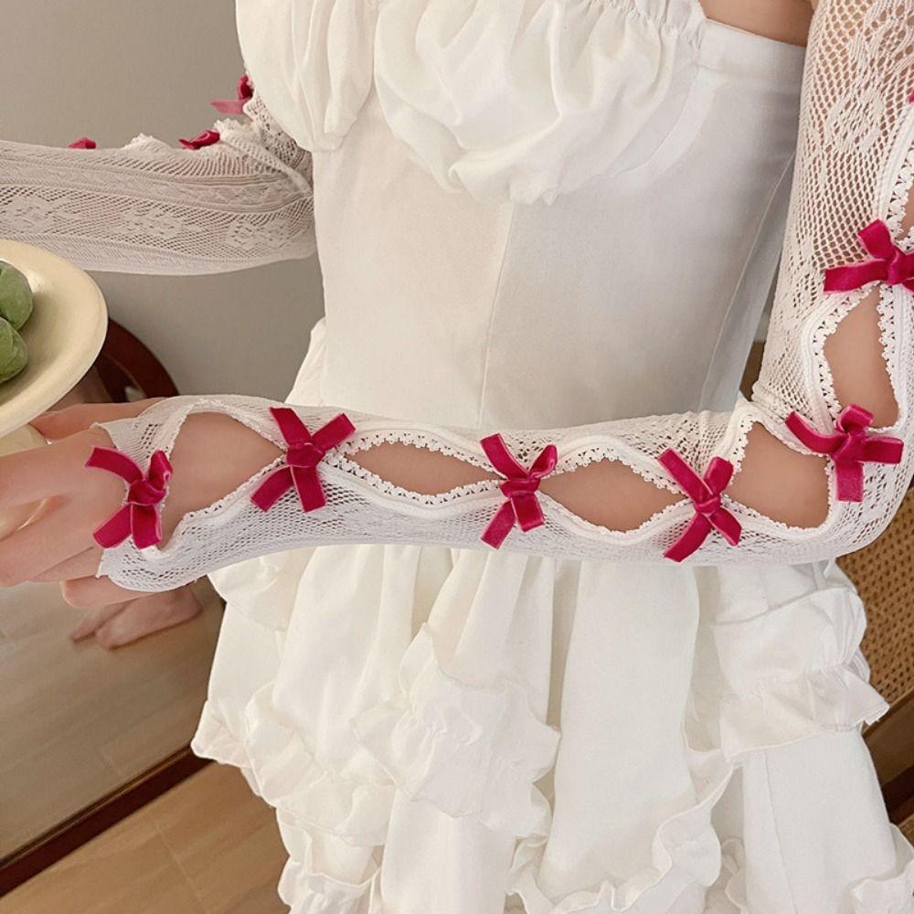 Рукава-шаль с бантом и кружевным бантом Перчатки без пальцев Лолита Кружевные перчатки без пальцев для девочек Вечеринка