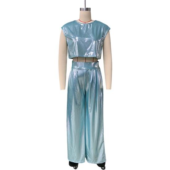 Женский глянцевый костюм из двух частей, укороченный топ без рукавов с круглым вырезом и широкими брюками, повседневный свободный комплект для отдыха