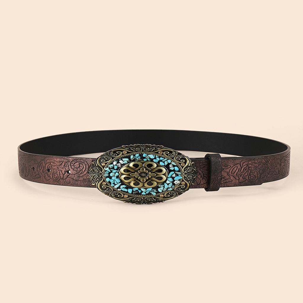 Cowboy Belt Vintage White Stone Buckle Belt Engraved Flower Belt Embossed Leather Belt Vintage Western Belt Jeans Belt