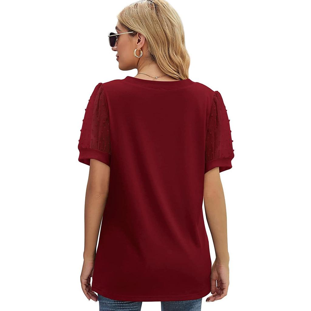 GMXIA Summer Women's T-shirt Solid Color V-neck Simple Mesh Puffed Sleeves