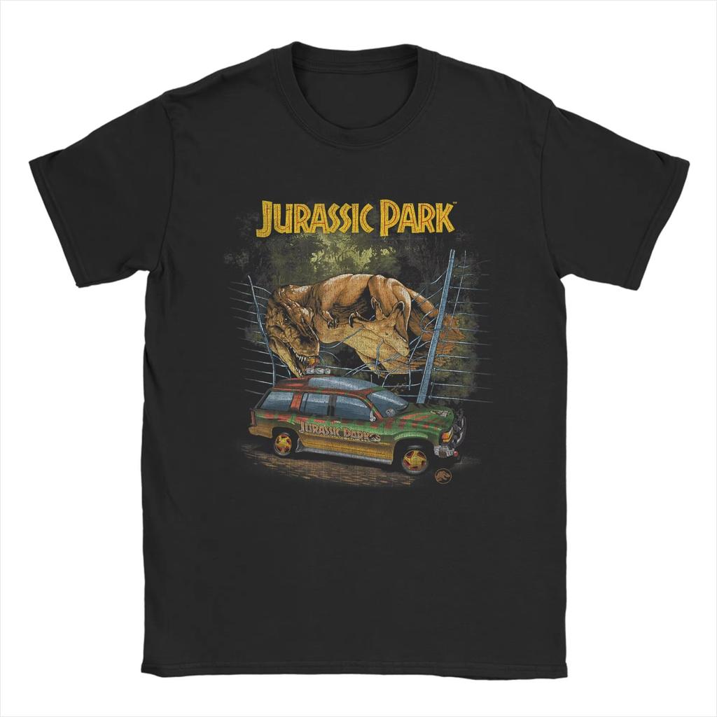 Summer Jurassic Park Retro Tyrannosaurus Rex Car Printed Round Neck T-shirt for Men Fun 100% Cotton Street Outdoor Short Sleeve