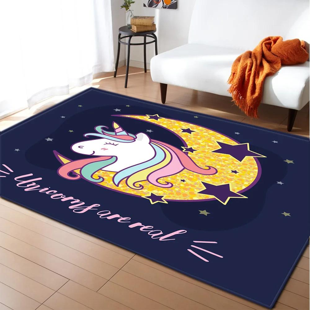 Kids Cartoon Unicorn Carpet Fantasy Animal Crawling Mat Doormat Living Room Area Rug Rainbow Shiny Girls Bedroom Soft Floor Mats