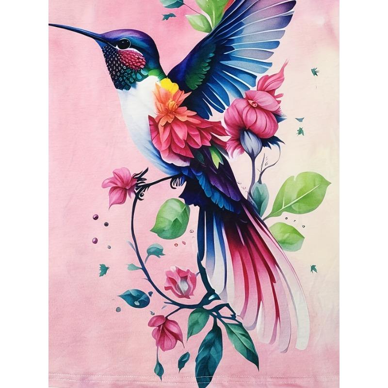 Розовая футболка с tie-dye для женщин - Колибри и Цветочный Графический Дизайн, Яркий Тропический Птичий Принт для Повседневной Носки