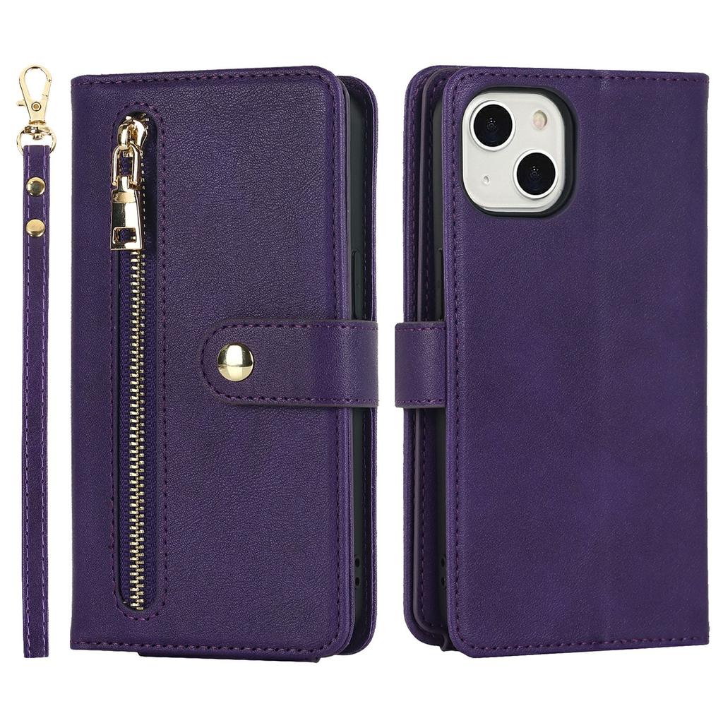 For iPhone 14/13 Stand Case PU Leather Phone Cover with Straps/Zipper Wallet/Multiple Card Slots