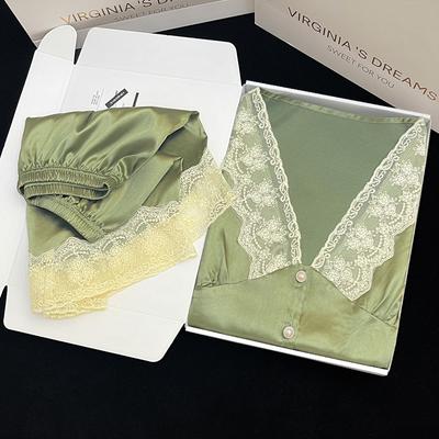 Кружево Бусины Пуговица Элегантный Классический Женский Пижамный Комплект Короткий Рукав Шорты Рукава-пузыри Домашняя одежда Летний Повседневный