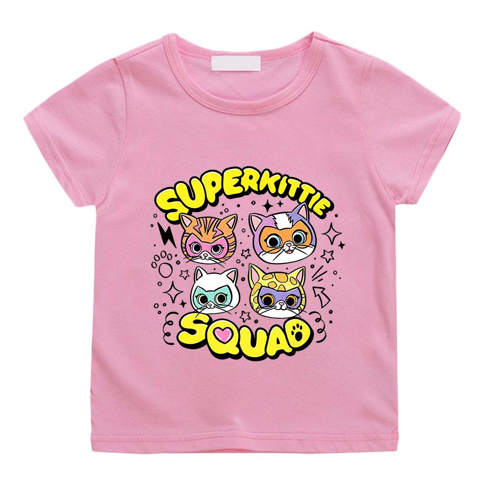 Children's Cotton T-shirts SuperKitties Cartoon Print Kids Short Sleeve Cute Boys Girls 2-12Y Tees Casual Crew Neck Tops Summer