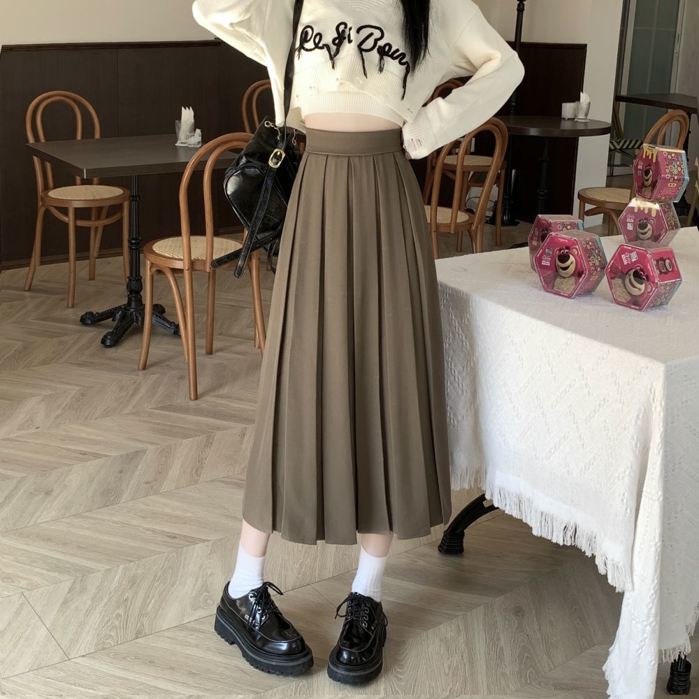 Длинная плиссированная юбка, женская винтажная корейская модная однотонная юбка трапециевидной формы с высокой талией, элегантная повседневная осенняя школьная юбка для девочек