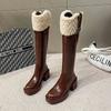 Winter Knee High Brown Long Boots Comfort Square Heel Zip Belt Buckle Platform Boots for Women Plush Edge Warm Gothic Shoes