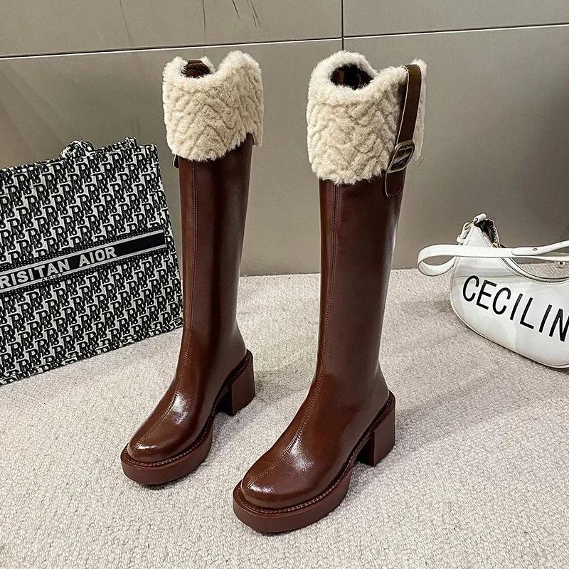Winter Knee High Brown Long Boots Comfort Square Heel Zip Belt Buckle Platform Boots for Women Plush Edge Warm Gothic Shoes