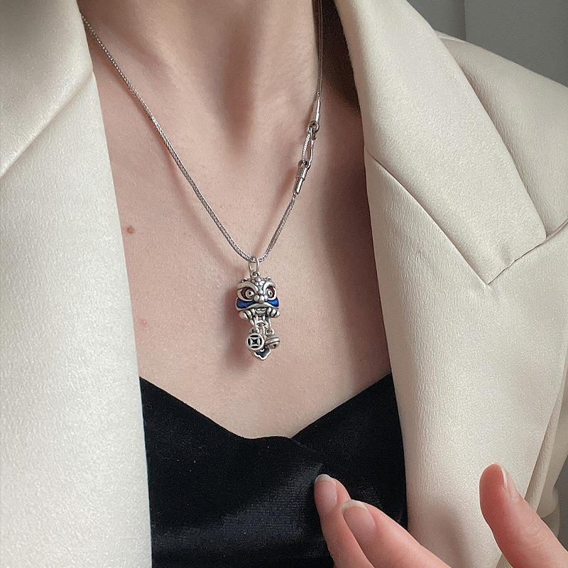 Синяя Милая Маленькая Подвеска Лев Танцующий Кисточка Ожерелье Китайский Стиль Дизайн Медной Монеты Банкетная Парная Бижутерия Подарок
