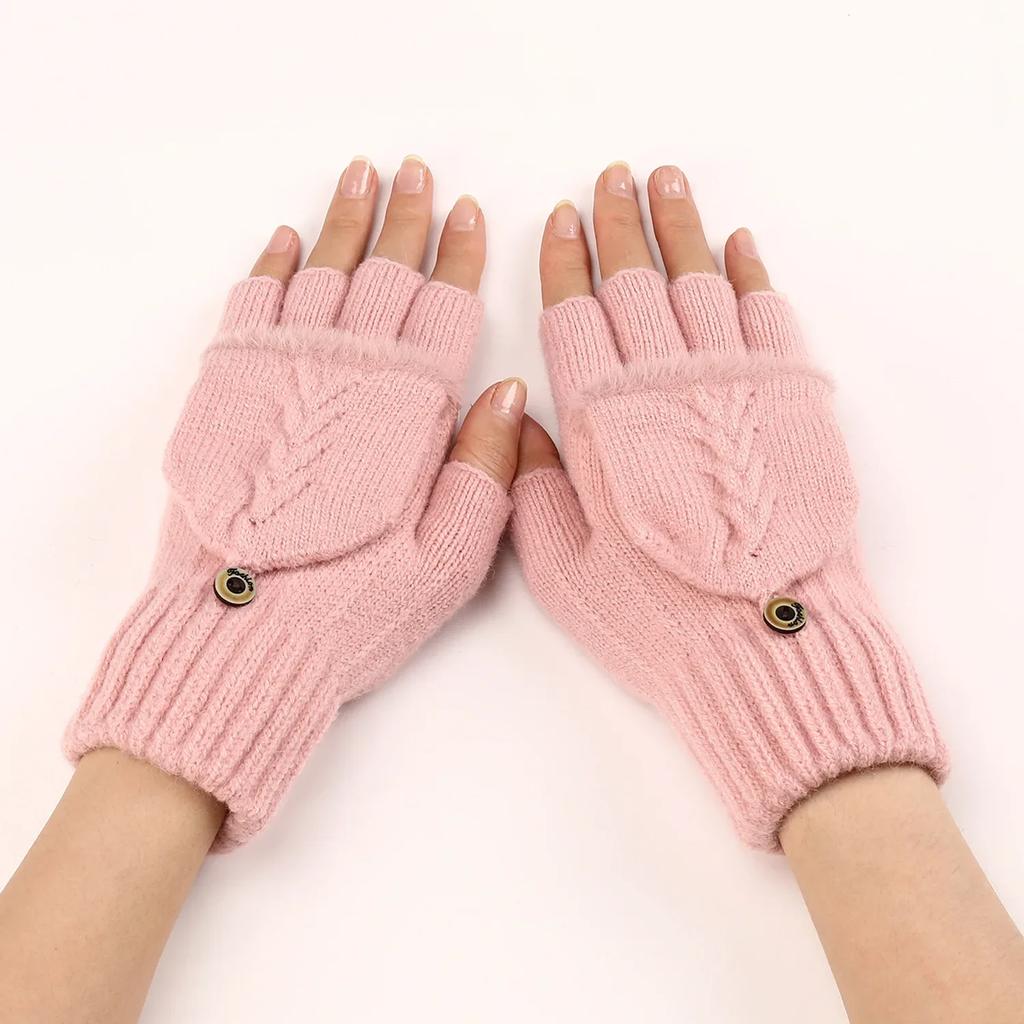 Fingers Free Wool Gloves Women Knitted Flip Fingerless Exposed Finger Thick Glove Mittens Winter Warm Thickening Women Mitts