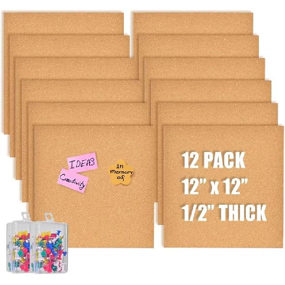 12x12 Cork Board Tiles Bulletin Board, 1/2" Thick Small Square Cork Boards for Walls, Self-Adhesive Cork Tiles for Home, Office, School, Bulletin