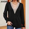 Women's Fashion Casual Autumn Winter Solid Color Print Long Sleeve Lace V-Neck Loose Blouses & Shirts