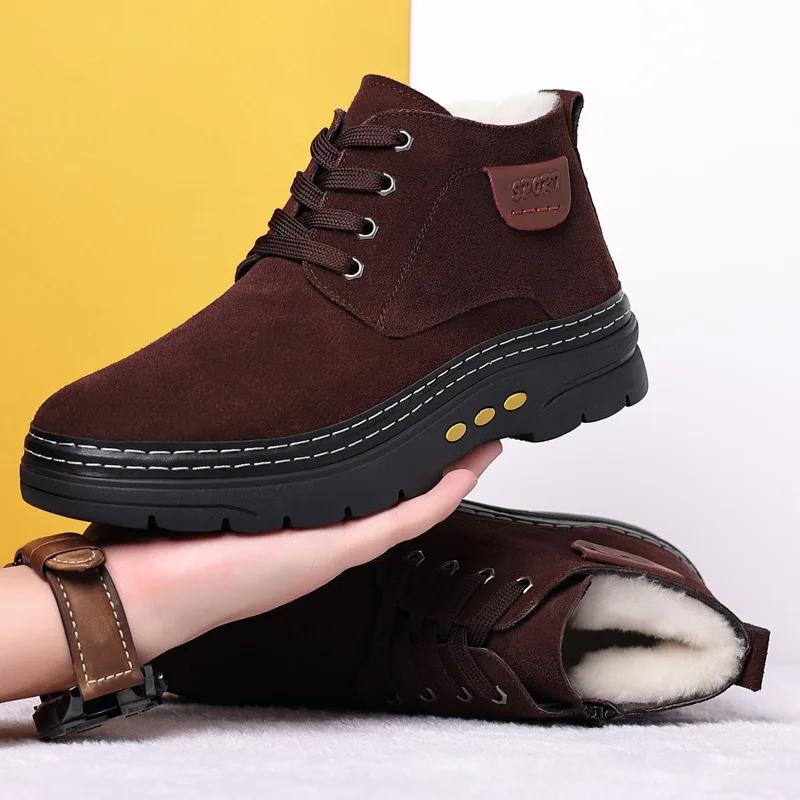 Модная зимняя обувь из хлопка, мужские зимние ботинки, теплые ботильоны, модные повседневные плюшевые кроссовки на платформе, нескользящие, теплая шерстяная мужская обувь