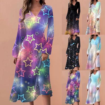 Женские весенне-осенние повседневные модные длинные платья с v-образным вырезом и длинным рукавом с градиентным принтом