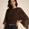Ruched Waist Cape Sleeve Top Round Neck False Two-Piece Tops Batwing Sleeve Top  Summer Wear