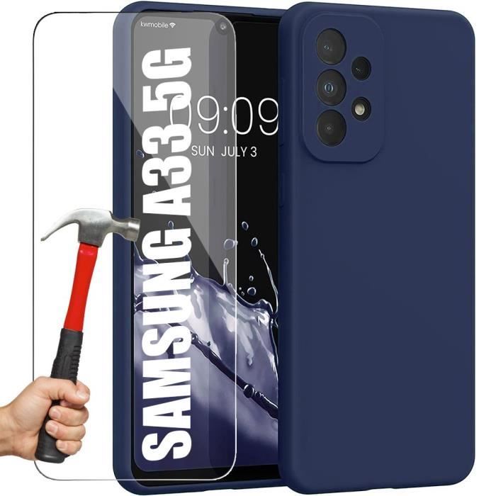 Coque - BOOLING - pour Samsung Galaxy A33 5G - Protection silicone antichoc - 2 verres trempés - Bleu marine