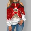 Women Fall Christmas Elk Print Off Shoulder Halter Collar Lantern Sleeve Sequins Loose Pullover T Shirt Tops