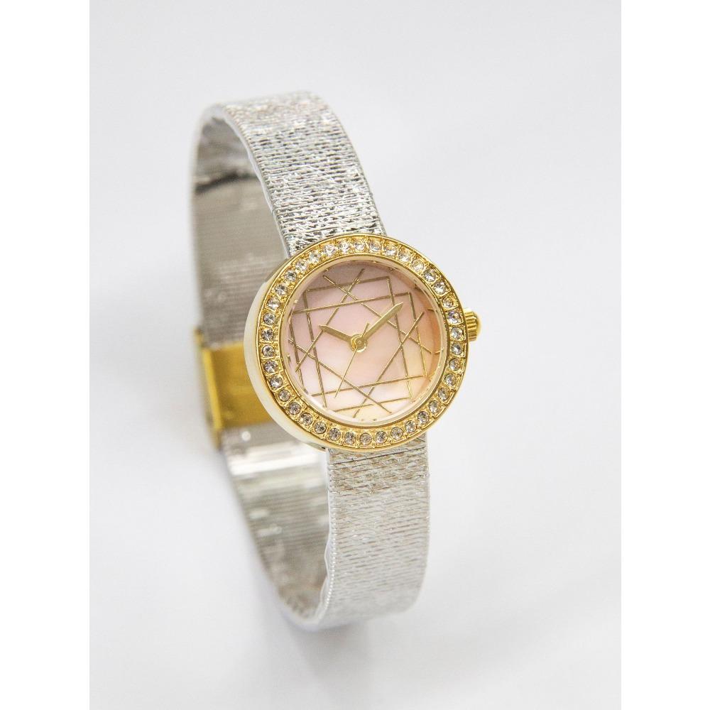 Round Quartz Watch For Women Rhinestone Bezel Geometric Line Dial Textured Mesh Strap Elegant Daily Waterproof Wristwatch