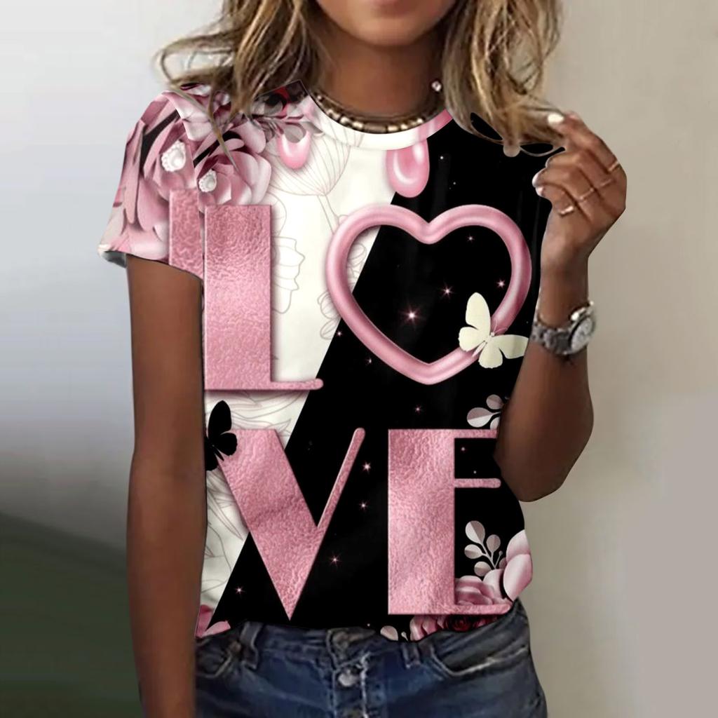 Женская футболка Летний топ с круглым вырезом 3D Красная футболка ко Дню Святого Валентина Модная футболка Универсальная женская большого размера с коротким рукавом