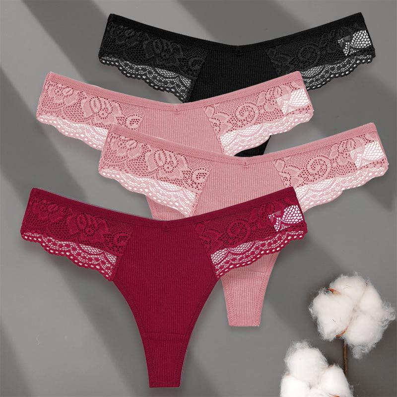 4PCS/Set Sexy V-Waist Women Cotton G-string S-XL Lace Lingerie Panties Thongs Femme Underwear Girls Underpant Intimates