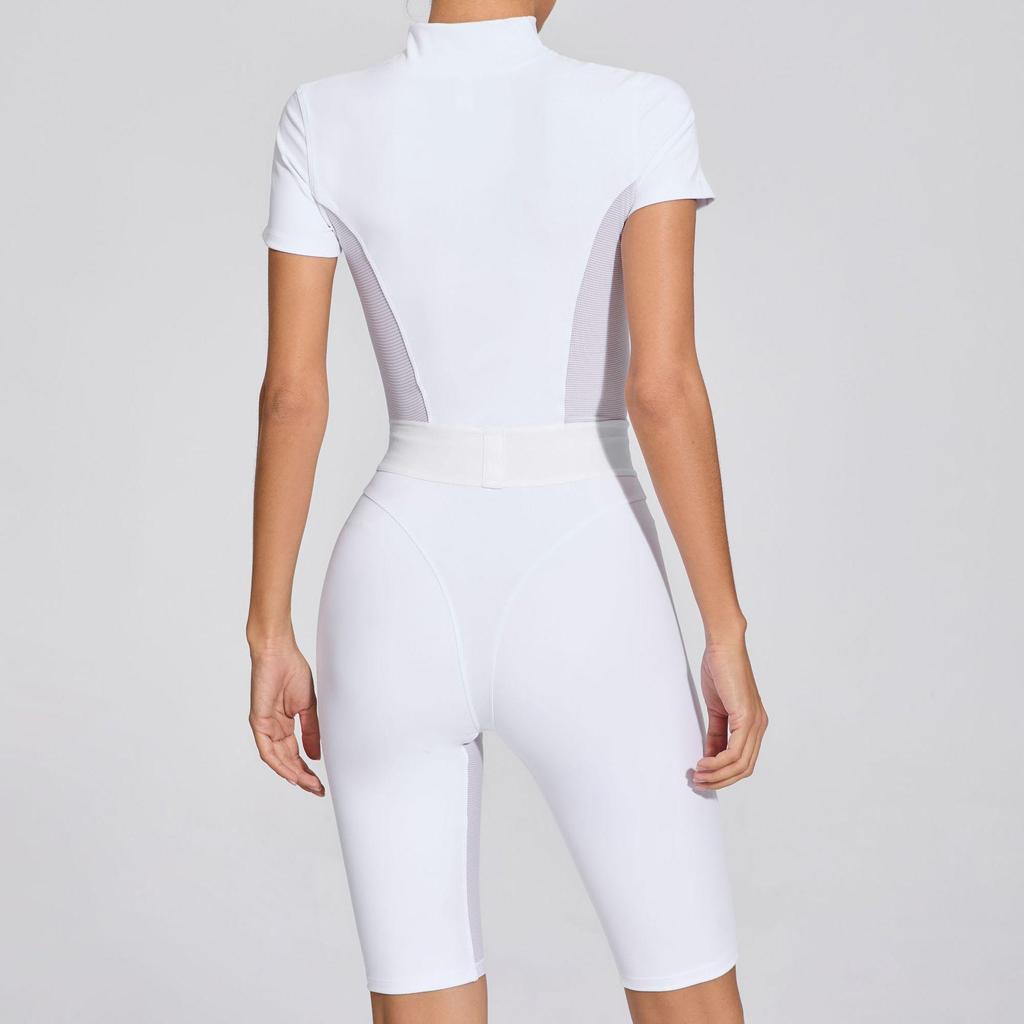 Женский облегающий талию комбинезон для йоги с короткими рукавами и сетчатыми вставками - Спортивная одежда для фитнеса