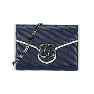 GG Marmont Винтажный Серебряный Логотип Color Block Цепь Стеганая Кожаная Мини Сумка на Плечо Женская сумка на плечо Синий Белый 573807-0OLFN-4186