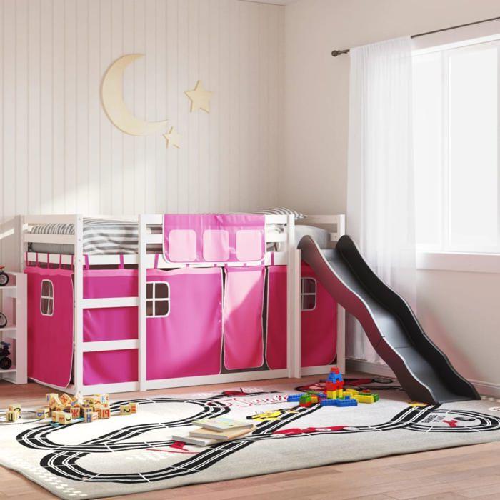 VidaXL Bunk Bed with Slide and Pink Curtains 90x200 Cm, Bed, Bed Frame, Low Bunk Bed, Bedroom Furniture 3284112