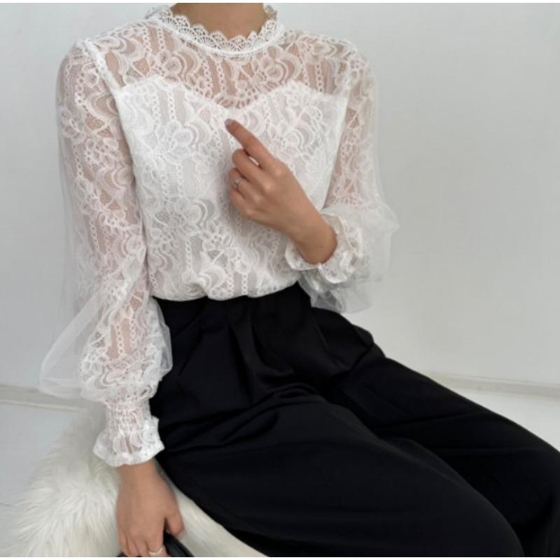 Loose Long Sleeved Mesh Lantern Sleeves Lace Women's Blouses & Shirts