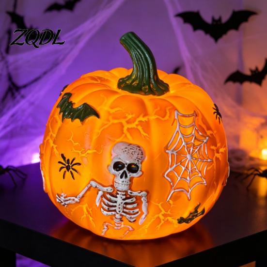 Interior Haunted House Accents Halloween Light Up Pumpkin Decor, Resin LED Glowing Lantern Figurine, Spooky Entryway Seasonal Decor Tabletop Night for