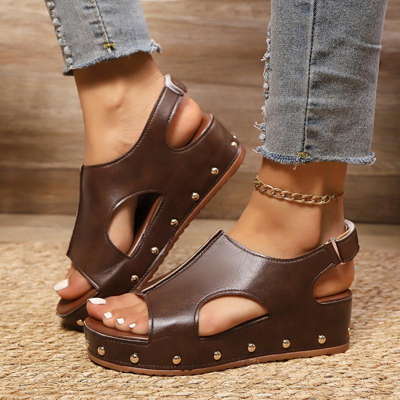 Summer New Summer Women's Platform Fish Mouth Sandals Large Size Velcro Rivets Muffin Women's Sandals
